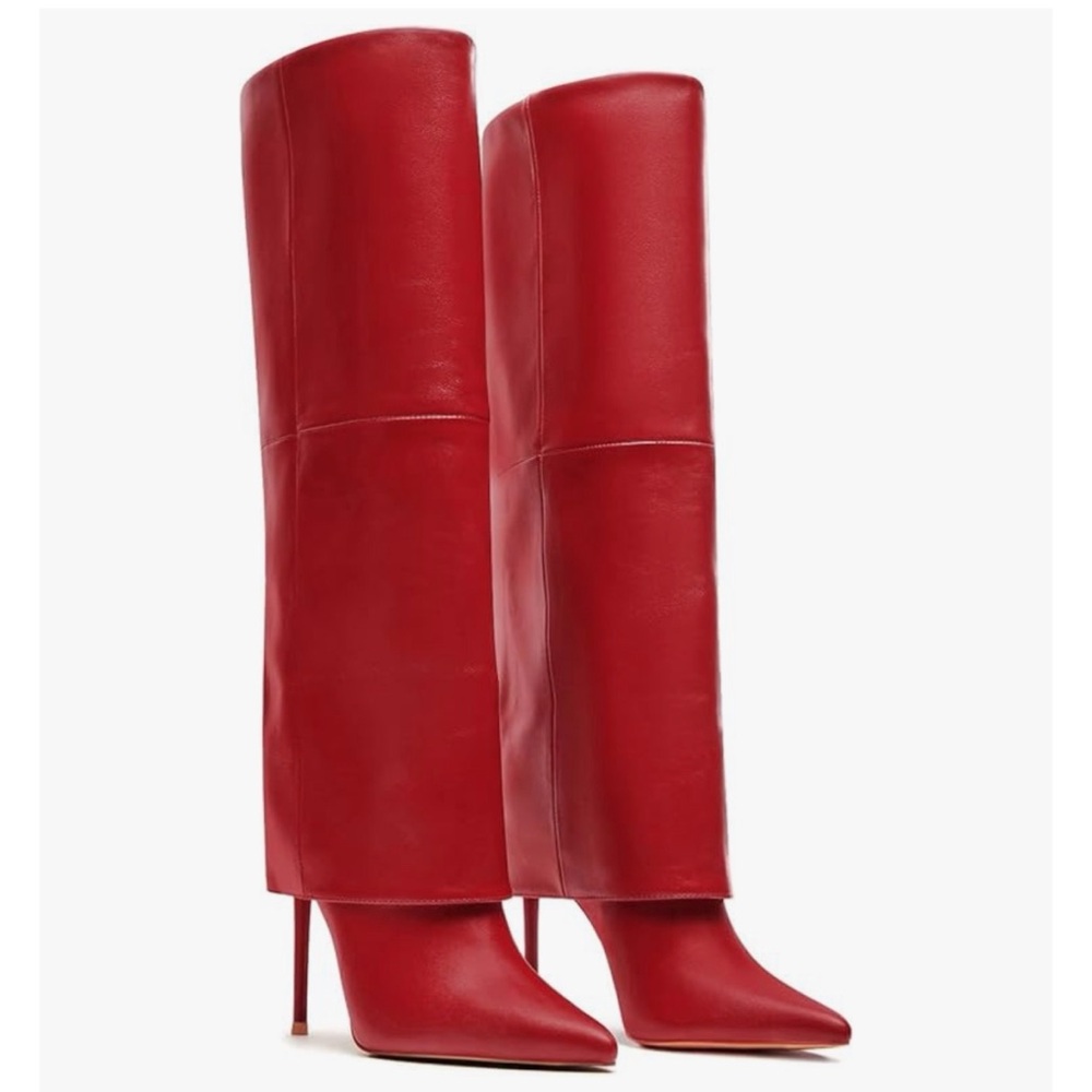 Red Leather Knee-High Boots